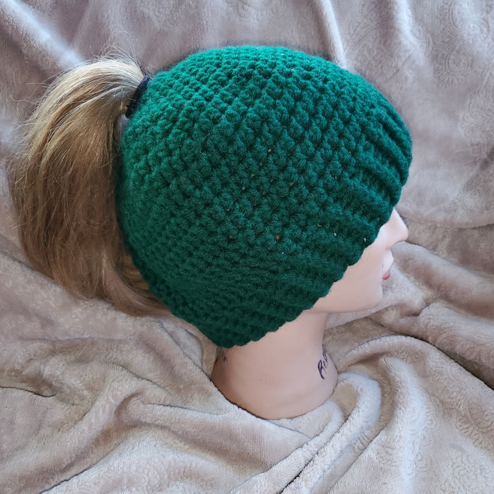 Crocheted messy bun beanie